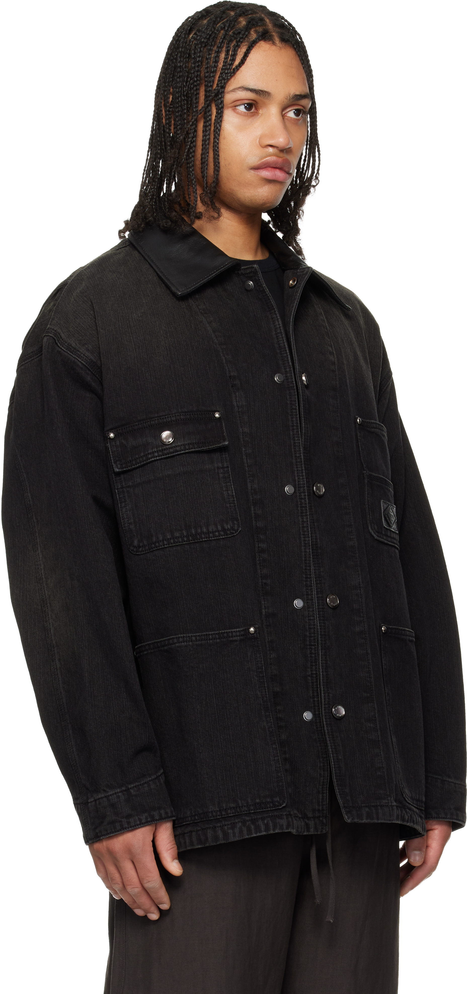 Black Leather Collar Tin-washed Denim Coat