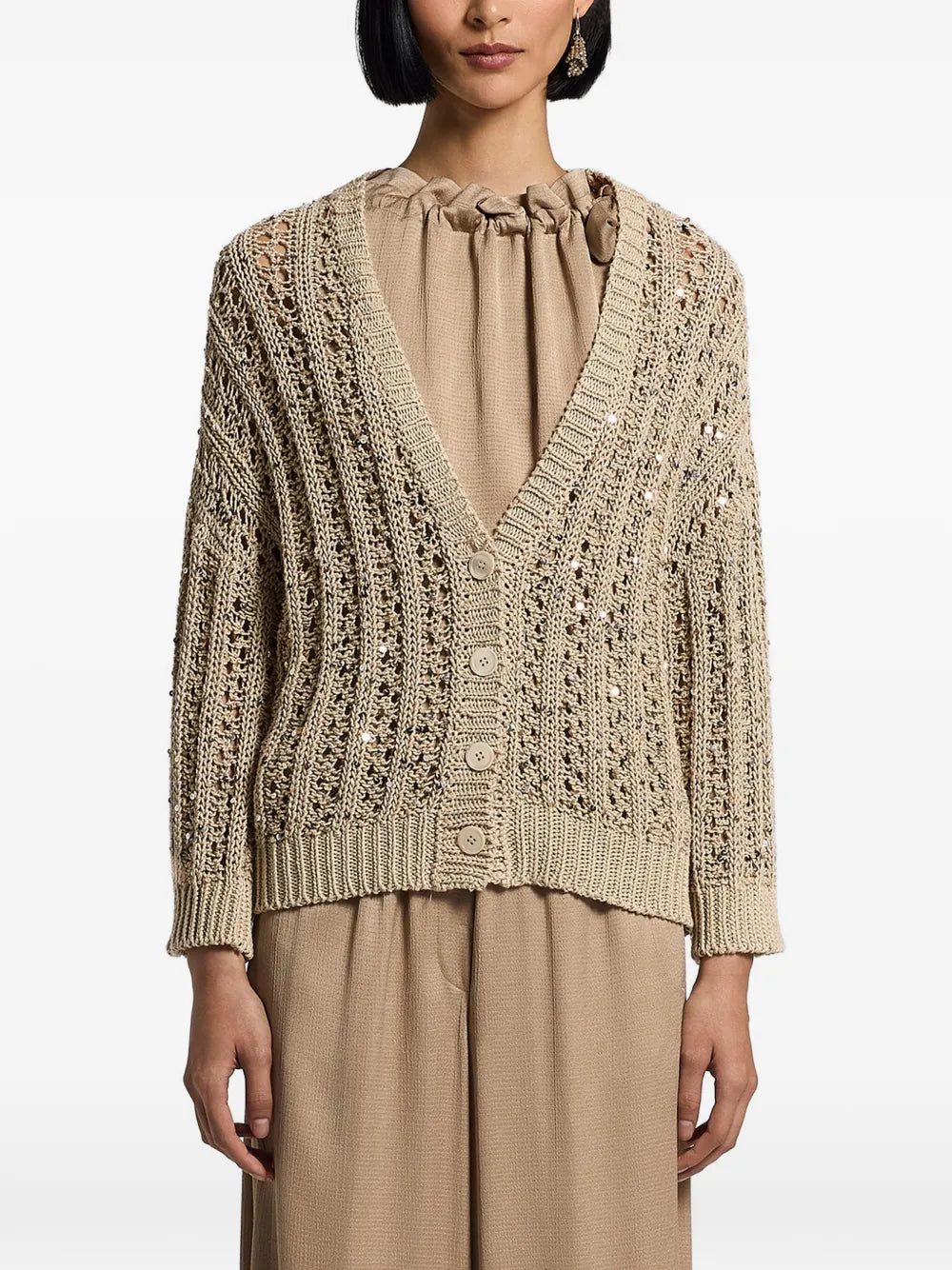 Openwork Cotton Knit Cardigan — Beige