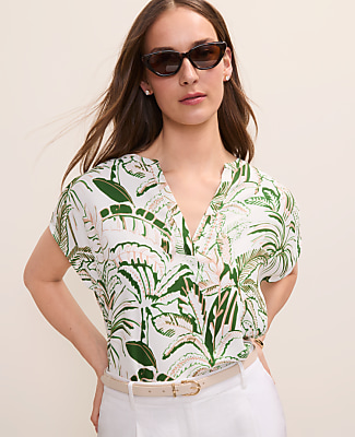 Ann Taylor Petite Palm Print Mixed Media Top