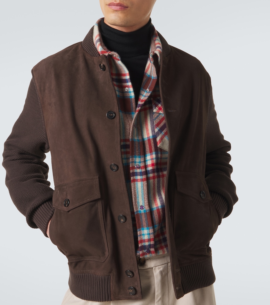 Cotton-trimmed suede bomber jacket
