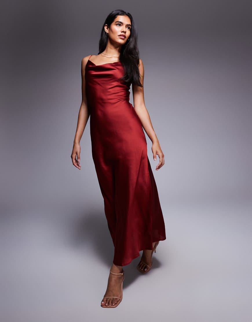 Satin cowl neck midi dress in rust-Copper