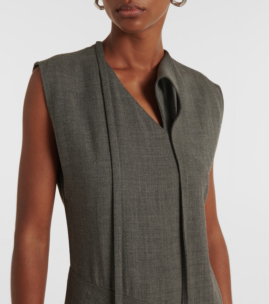 Tie-neck virgin wool canvas midi dress