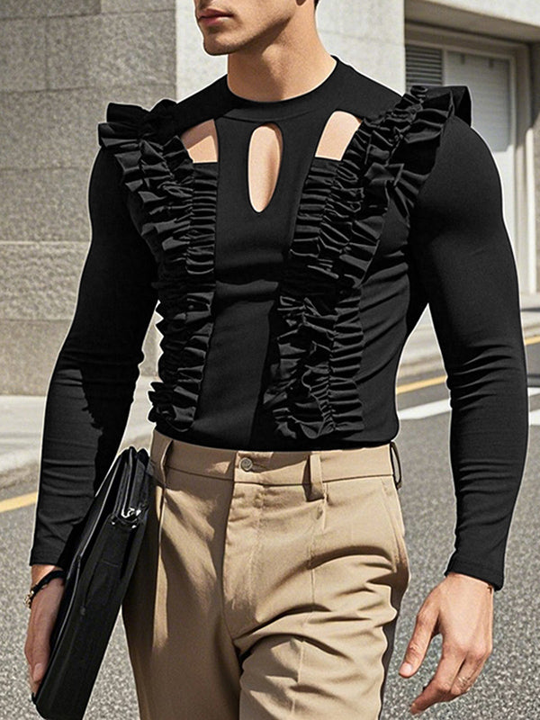 Mens Cut-Out Ruffle Long Sleeve T-Shirt SKUK94753 - Black / S