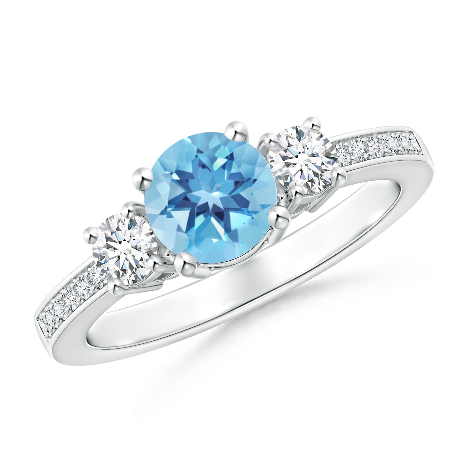 Angara 0.95 Carat Classic Three Stone Round Swiss Blue Topaz and Diamond Engagement Ring in Platinum