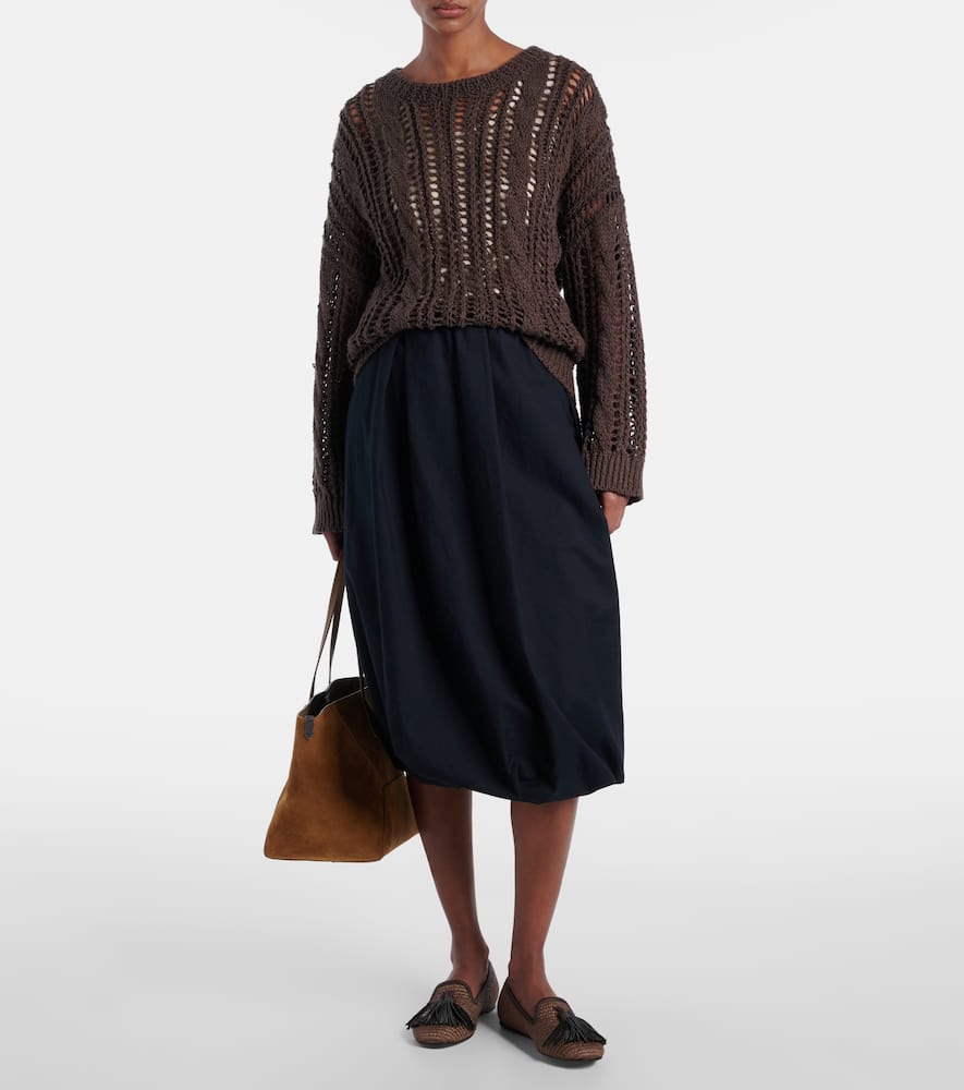 Gathered cotton-blend midi skirt