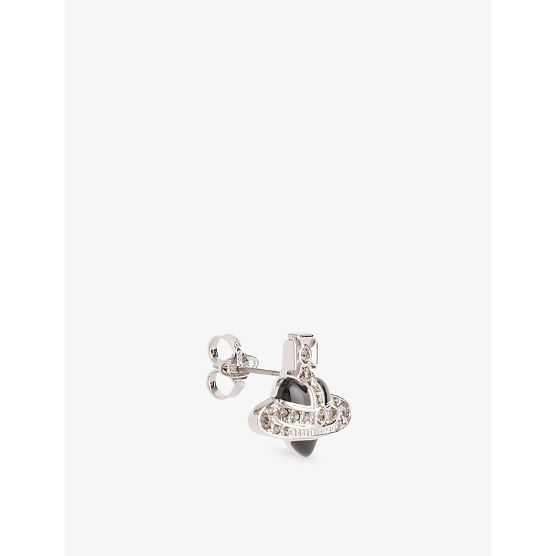 Mens Platinum/blck Dia Diamante Heart Orb-embellished Platinum-plated Brass Earring