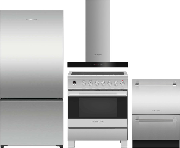 Fisher & Paykel 4 Piece Kitchen Appliances Package with Bottom Freezer Refrigerator, Induction Range and Dishwasher in Stainless Steel FPRERADWRH