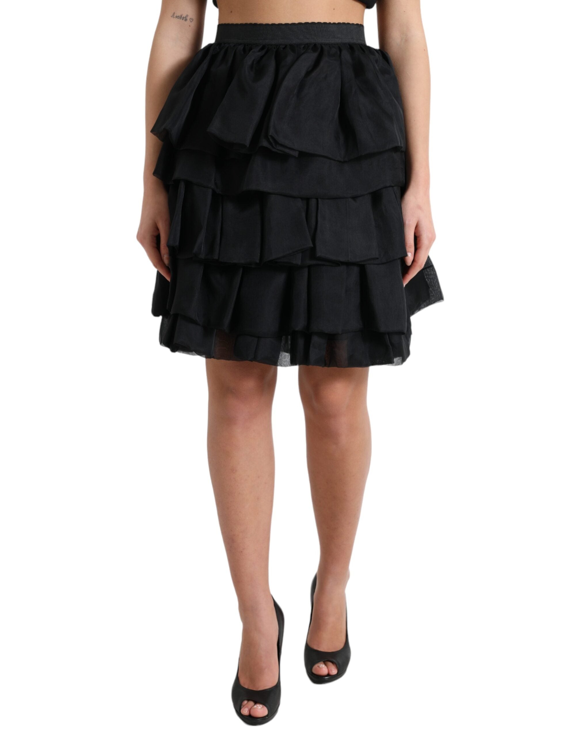 Tiered Silk A-Line Skirt — Black