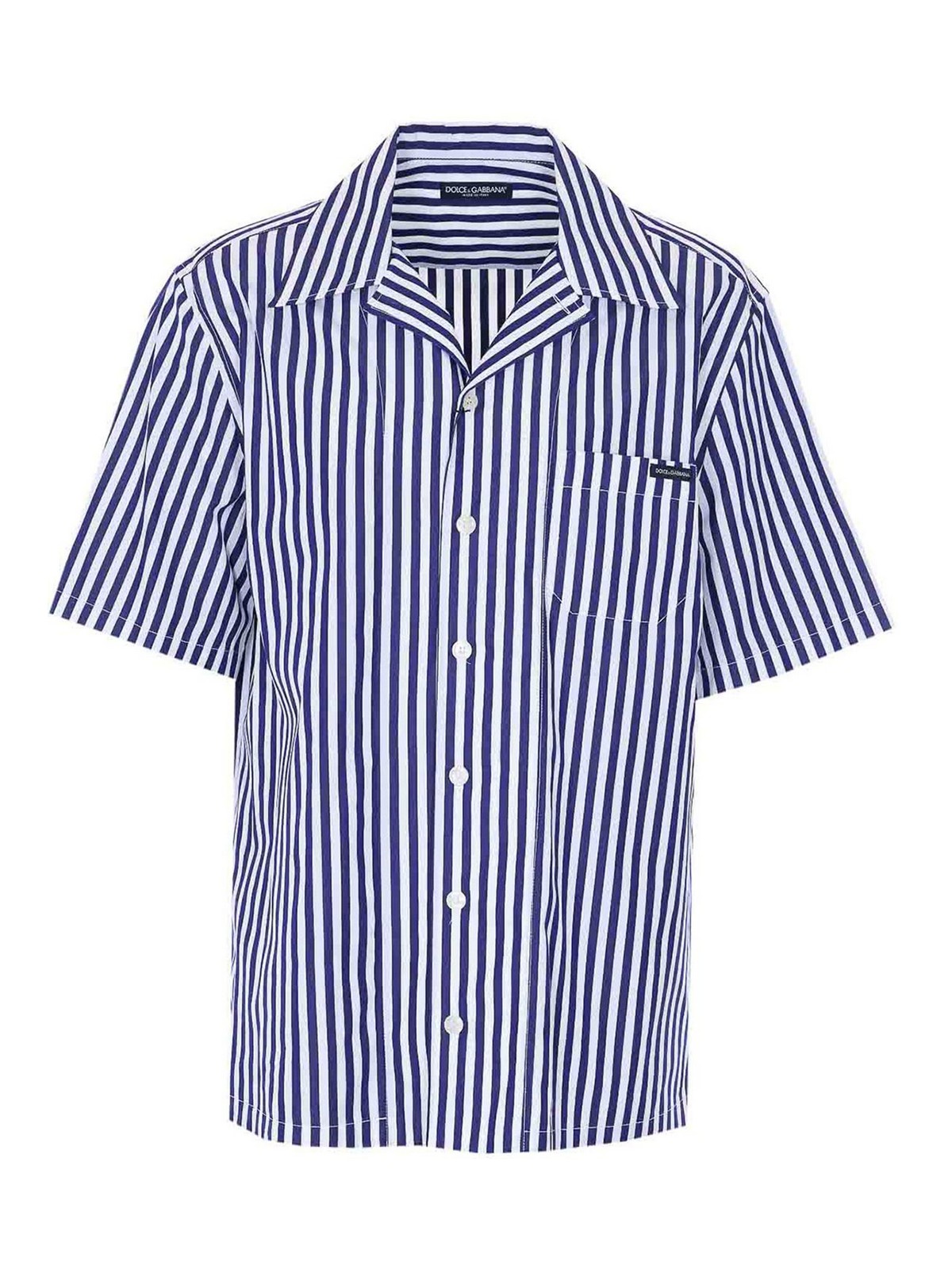 Blue Bowling Shirt With Cuban Collar And Striped Motif In Cotton Man