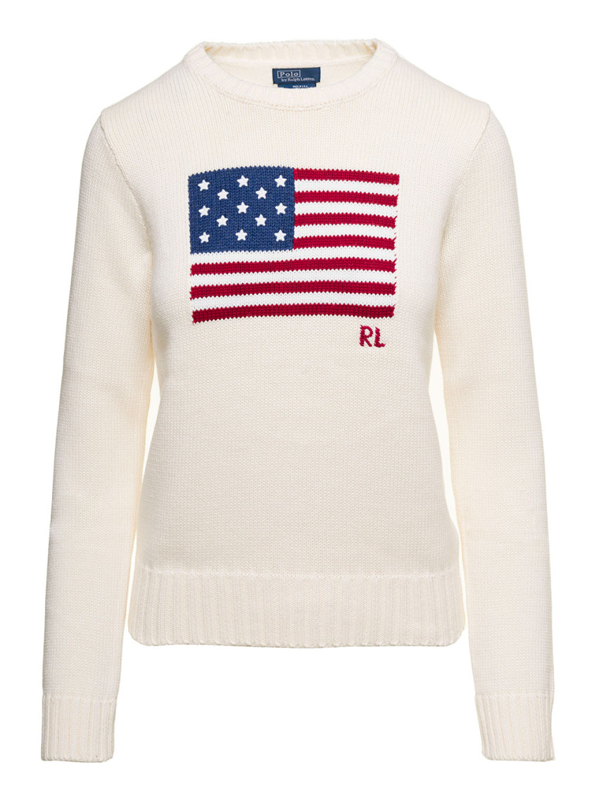 White Pullover With American Flag Embroidery In Cotton Woman