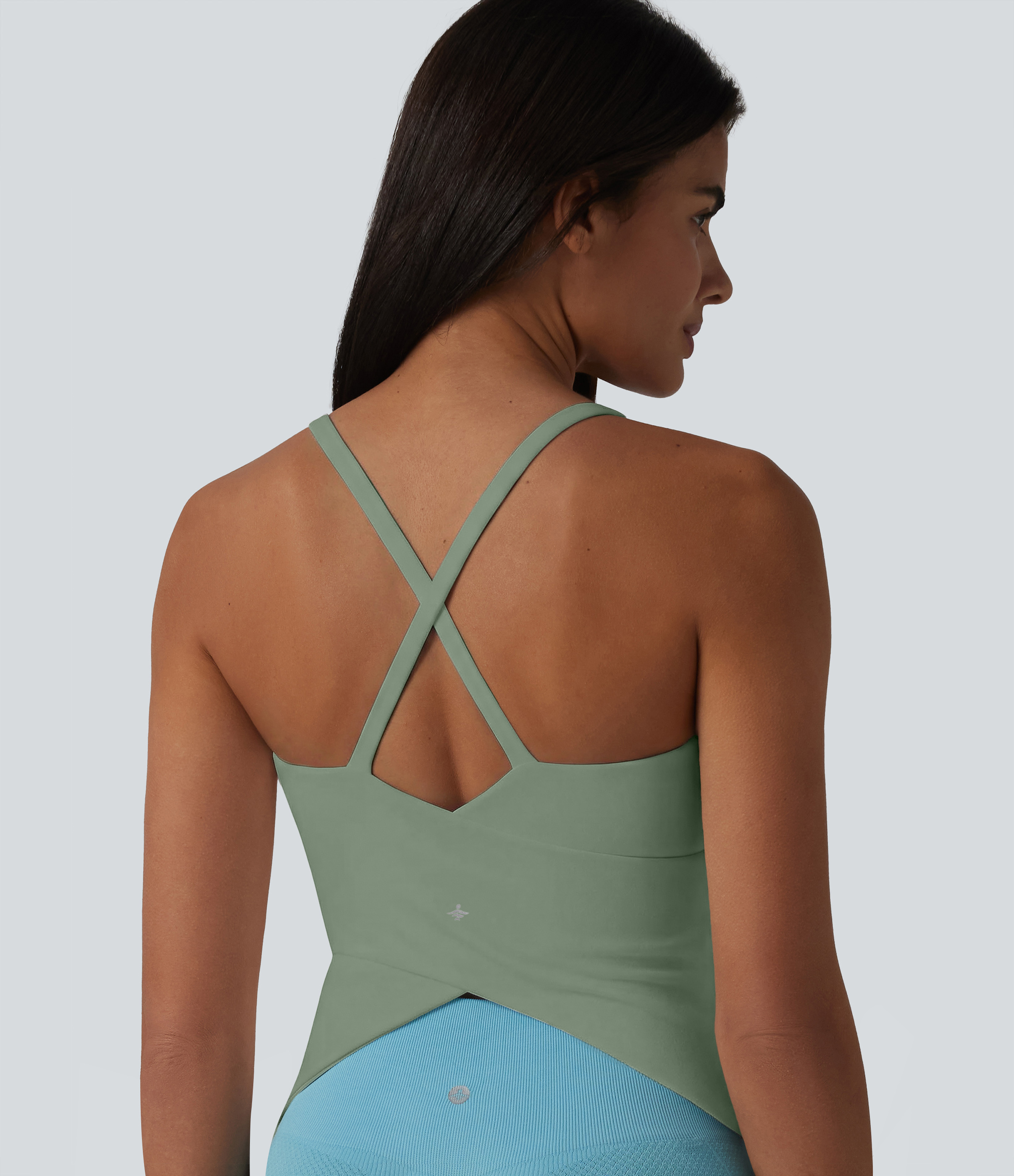 Scoop Neck Crisscross Back Crossover Hem Built-in Bra Yoga Cami Top DD-F Cups Tank Top - Hedge Green