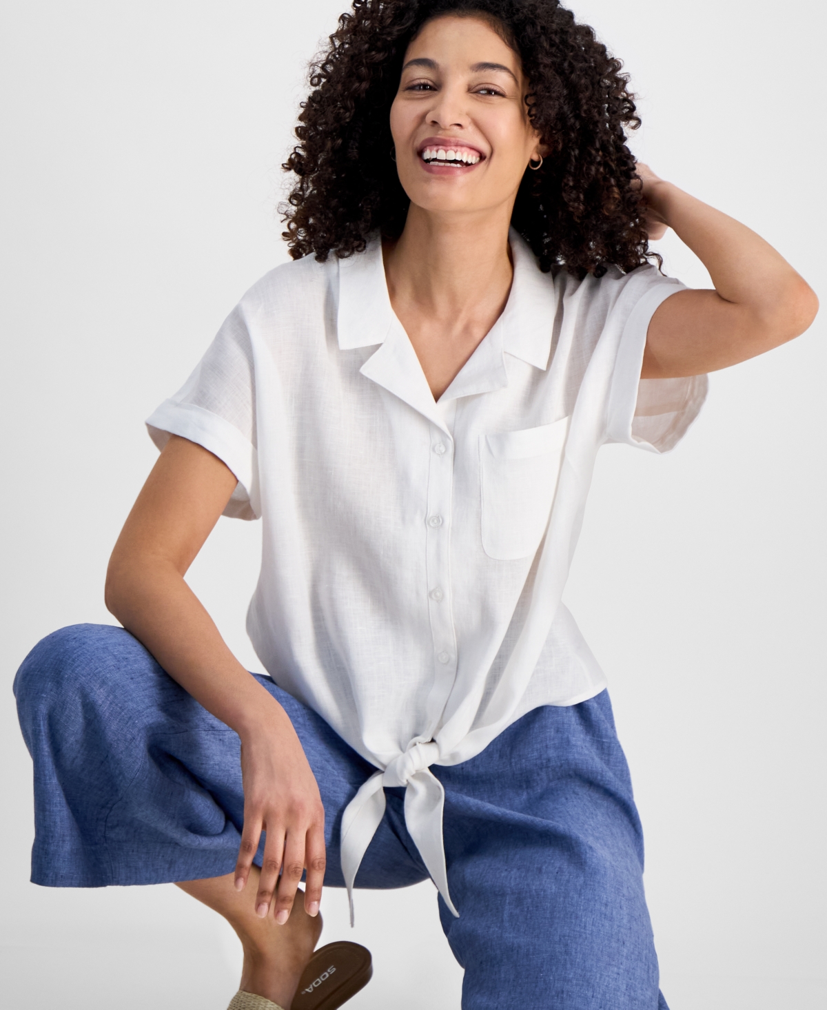 Petite Linen Tie-Front Top, Exclusively at Macy's - Bright White