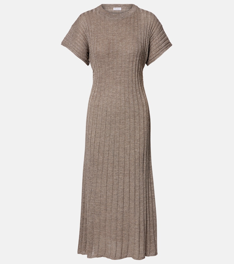Ribbed-knit lamé midi dress