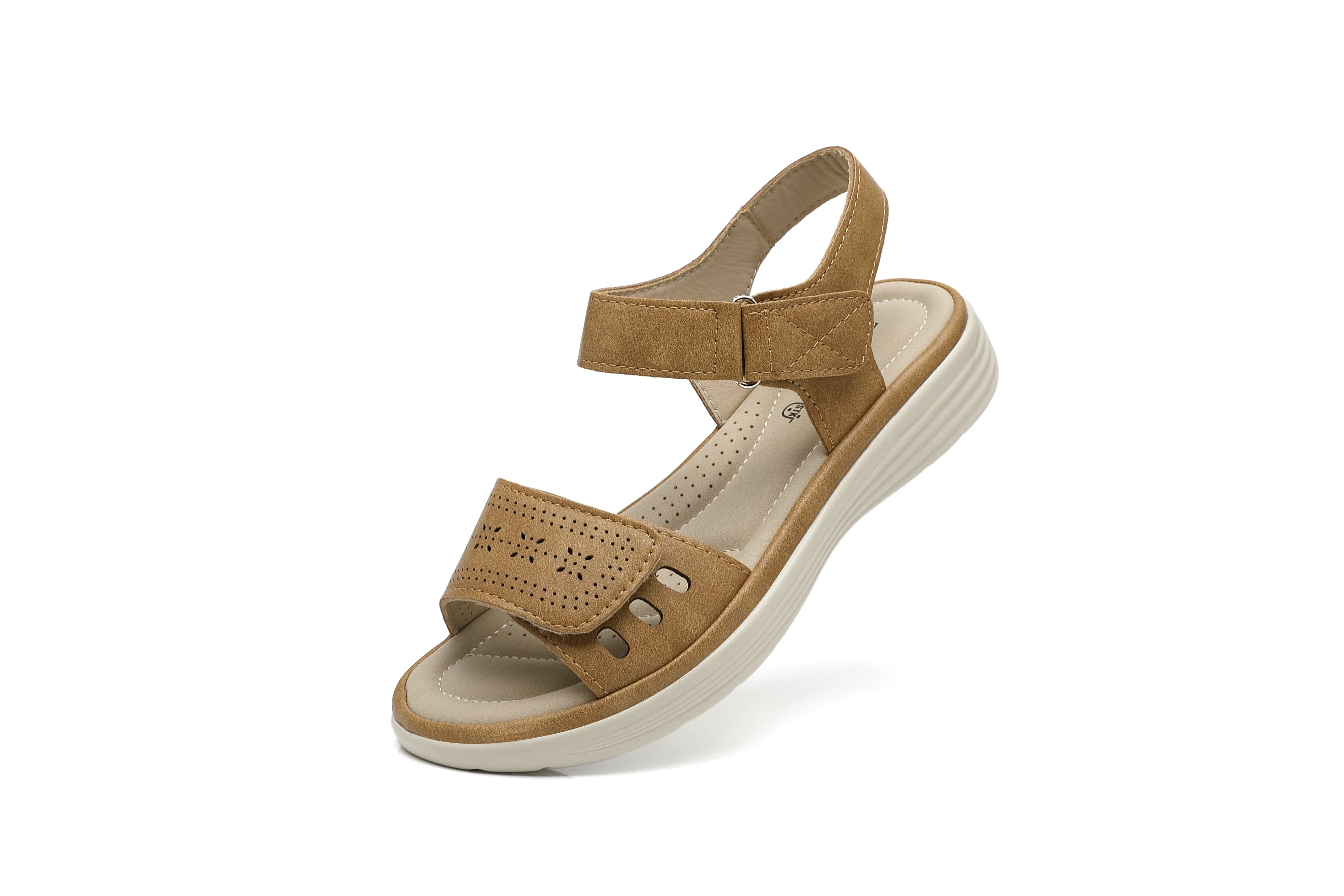 Ivachy Adjustable Strap & Cushioned Hook And Loop Comfort Wedge Sandals In Came
