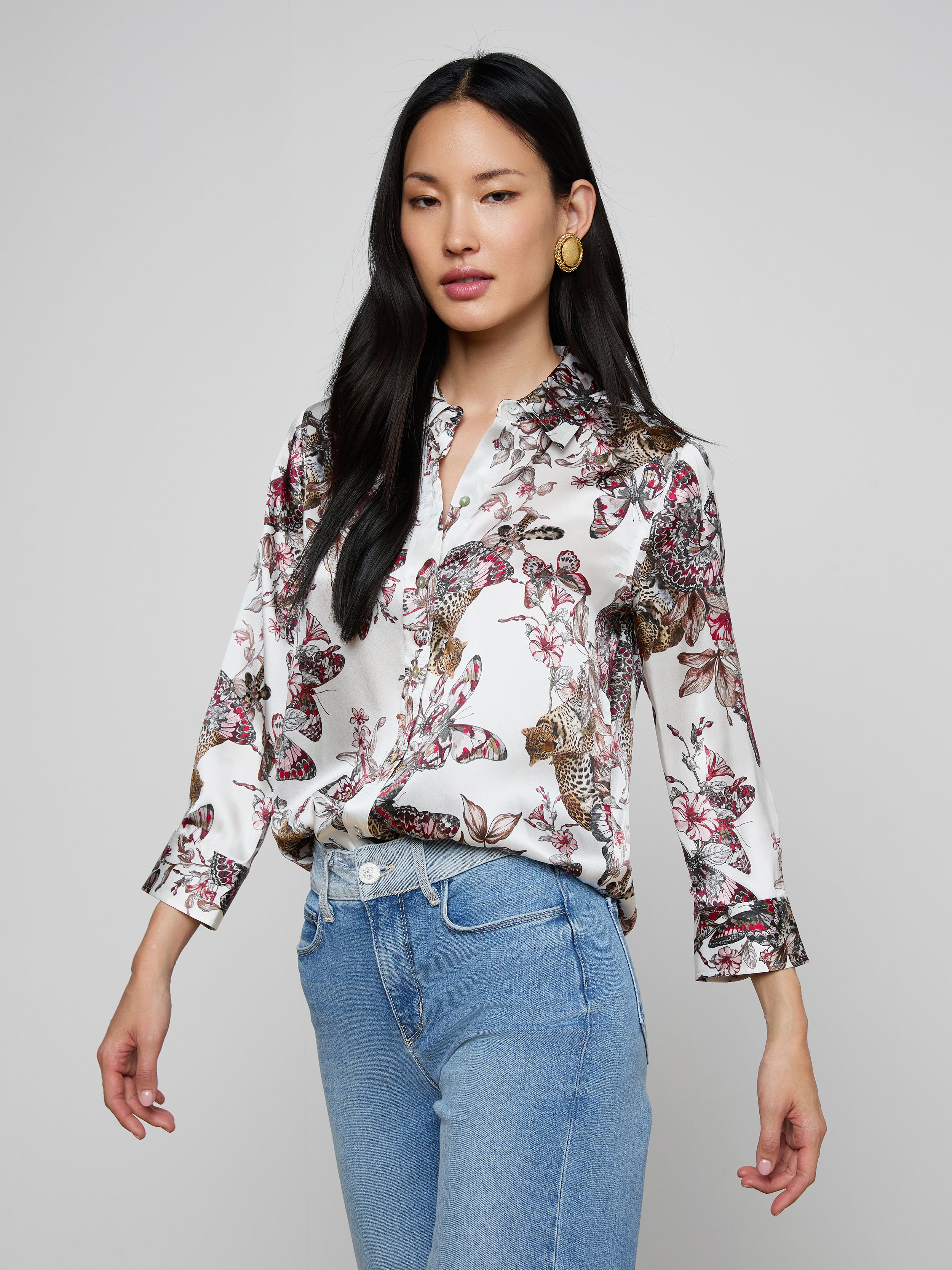 Dani Silk Blouse Top In White Multi Small Butterfly Jungle