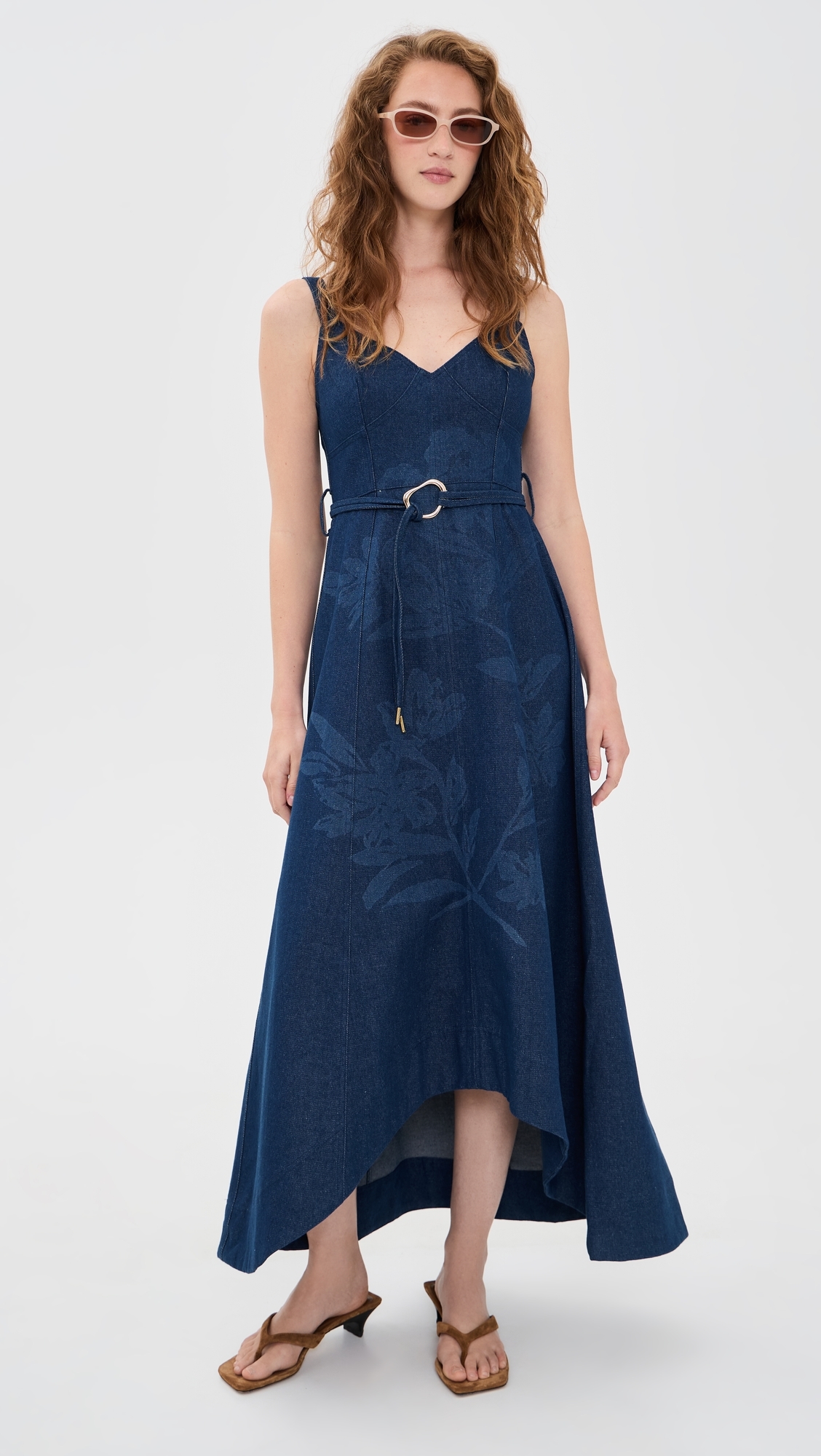 Self Belt Midi Denim Dress Indigo