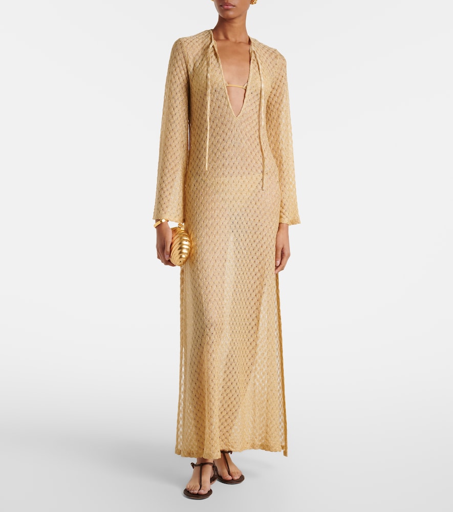 Open-knit tie-neck lamé kaftan