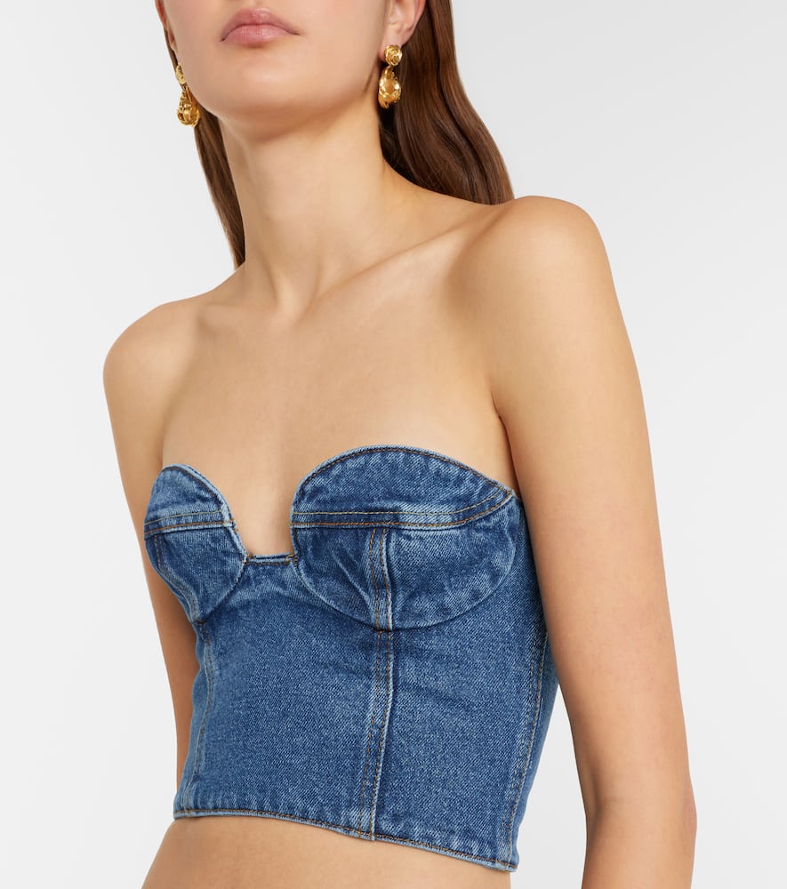 Floral-appliqué denim bustier top