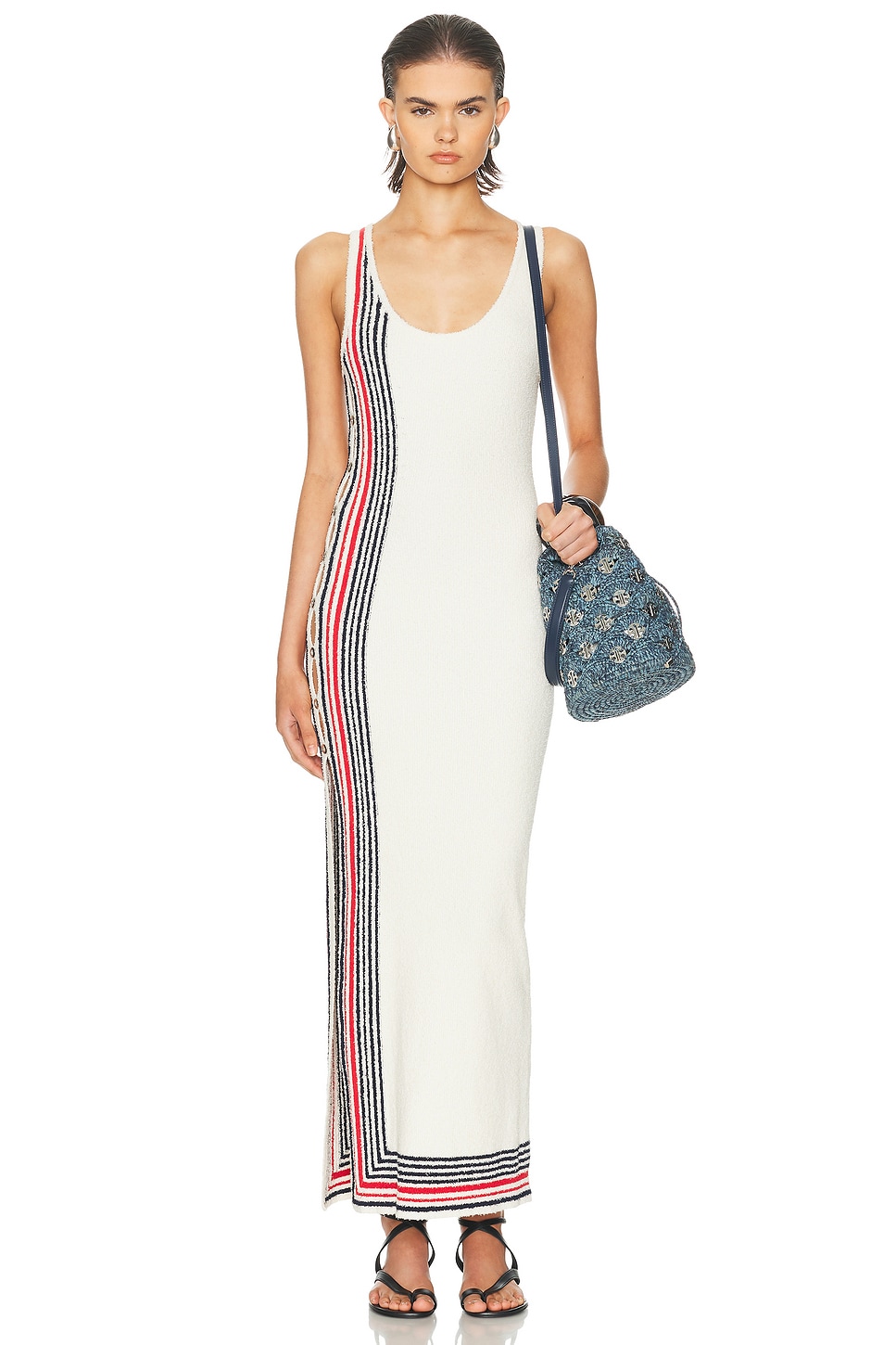 RABANNE Sleeveless Long Dress in Red & Navy Stripes - Ivory.  S also in