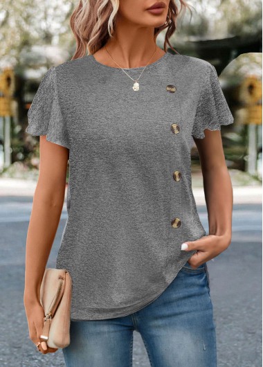 Modlily Black Button Short Sleeve Round Neck T Shirt