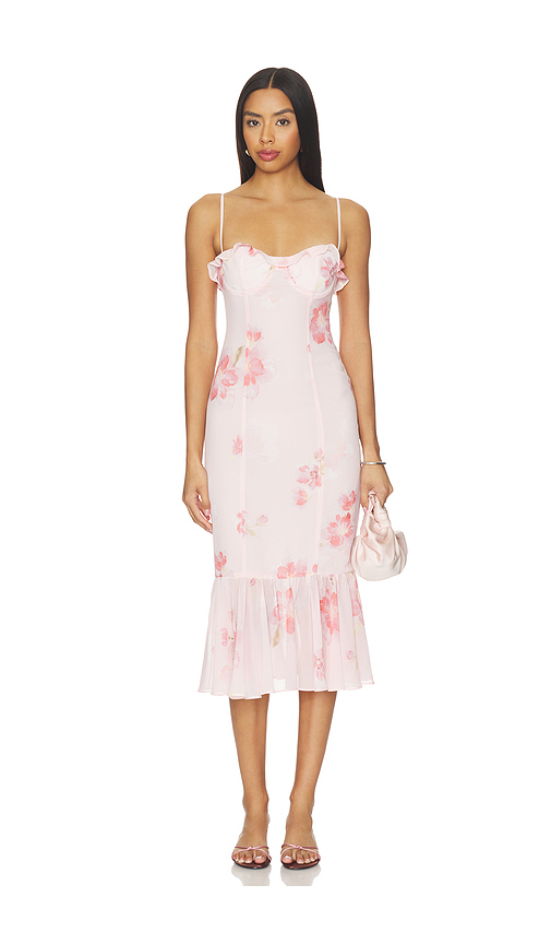 MAJORELLE Jules Midi Dress in Pink. XL. Also in L