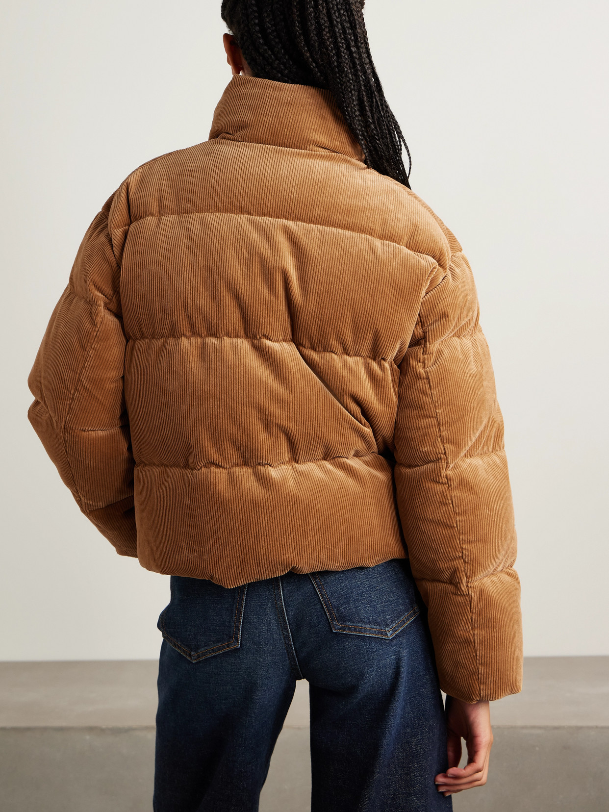 Embroidered Quilted Cotton-blend Corduroy Down Jacket - Brown
