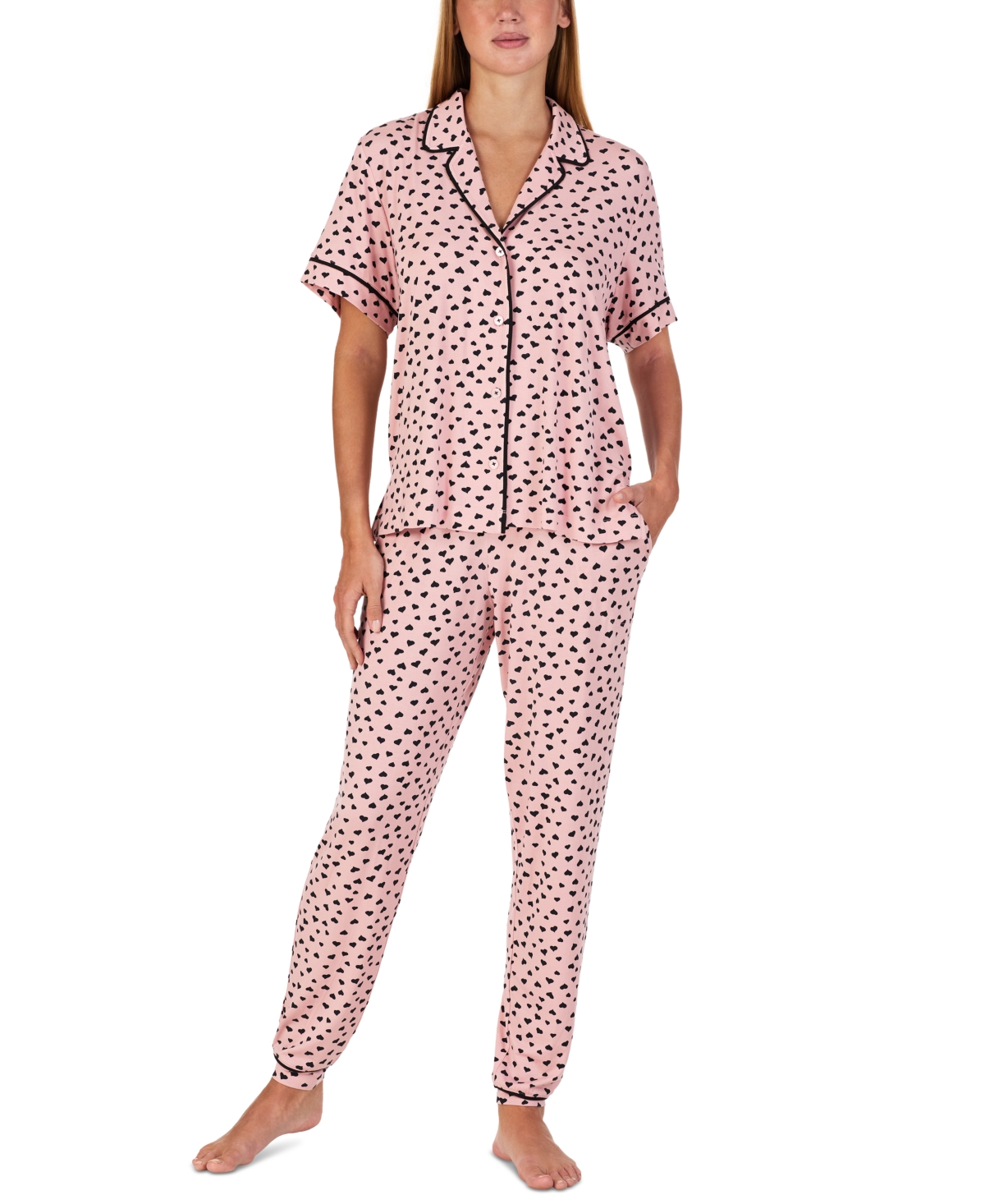 Women's Short-Sleeve Notch-Collar Jogger Pajama Set - Pink