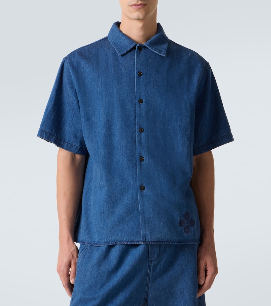 Embroidered oversized cotton-blend denim bowling shirt