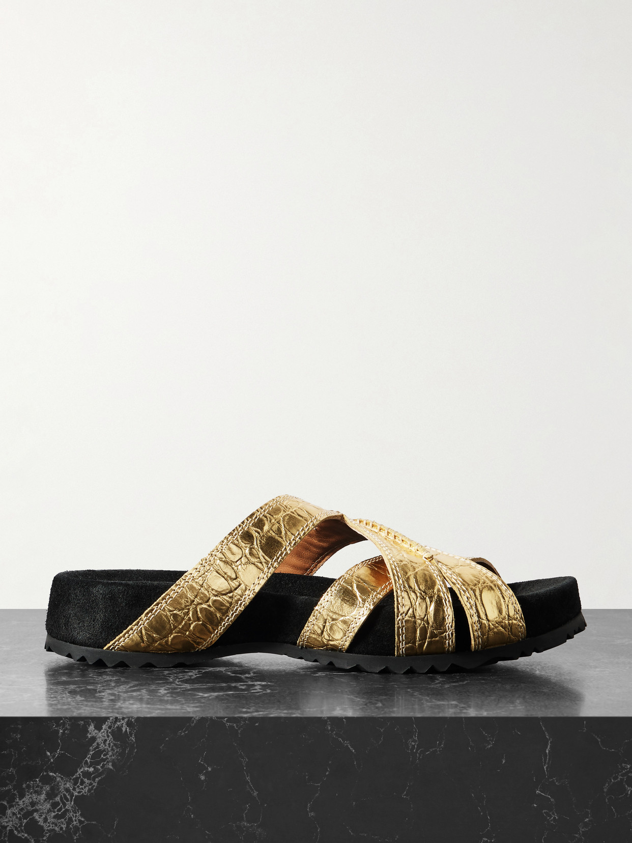 Metallic Croc-effect Leather Sandals - Gold