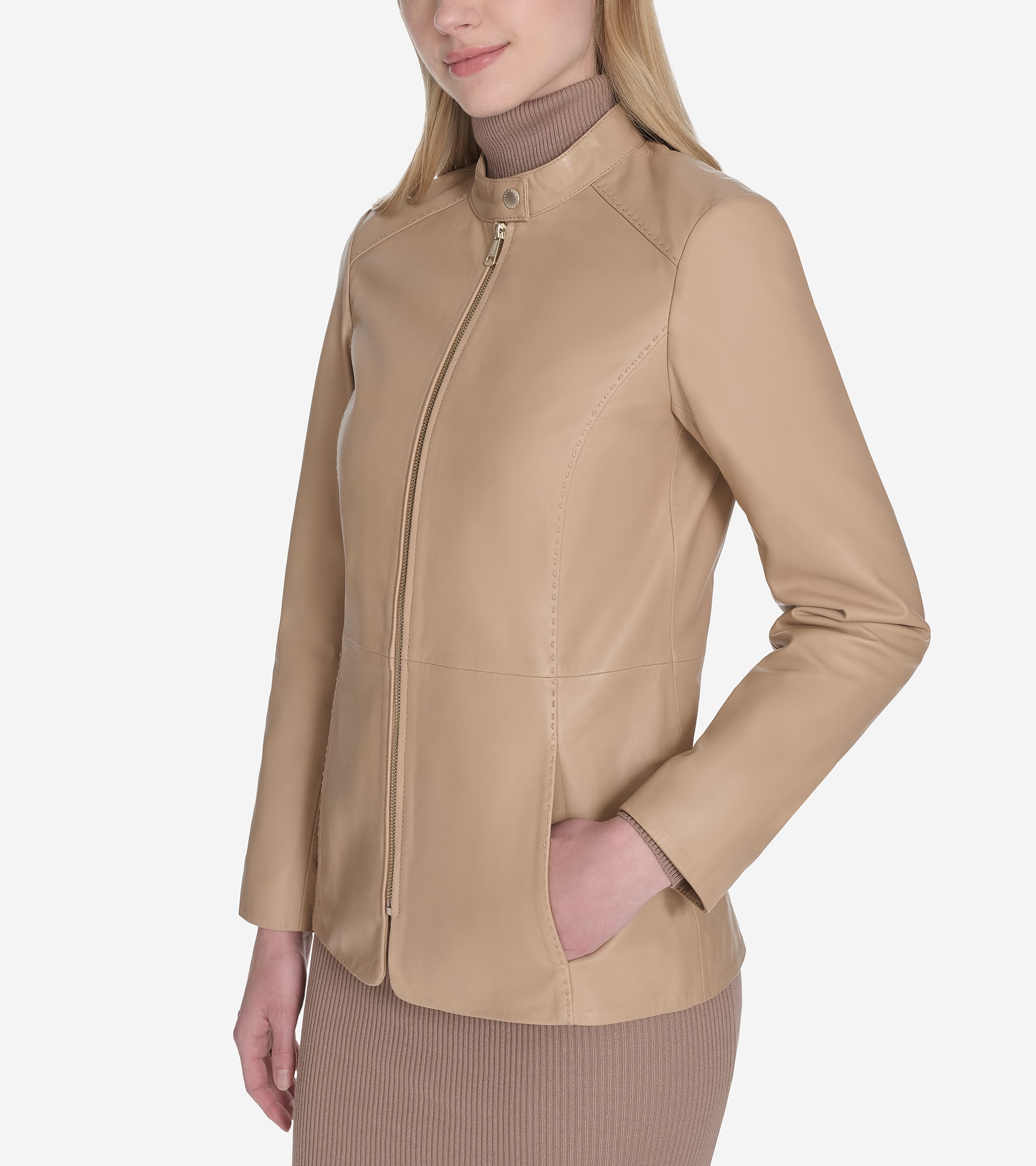Women's Stand Collar Leather Jacket - Beige
