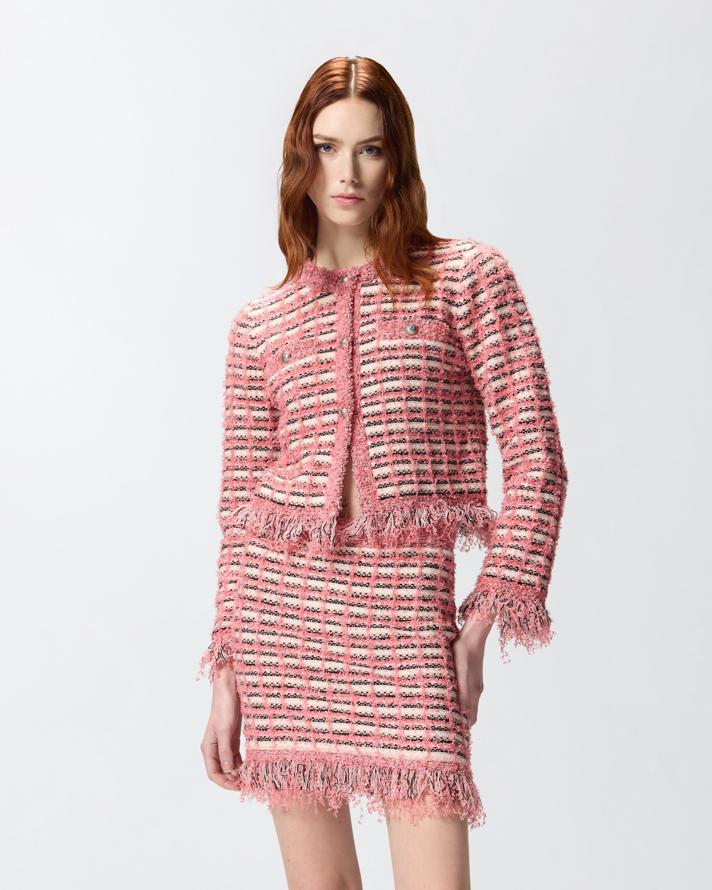 Cropped jacket in basketweave and frayed knit - L