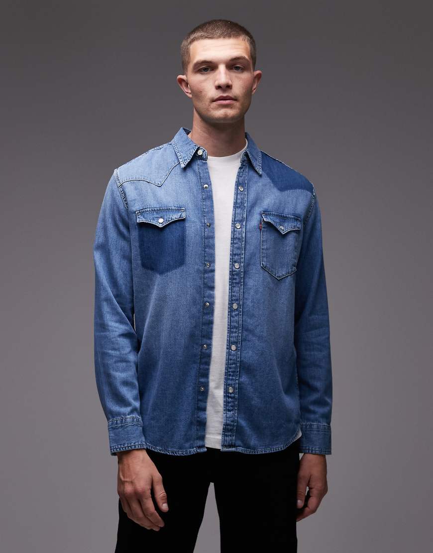 Classic western contrast denim shirt in mid wash-Blue