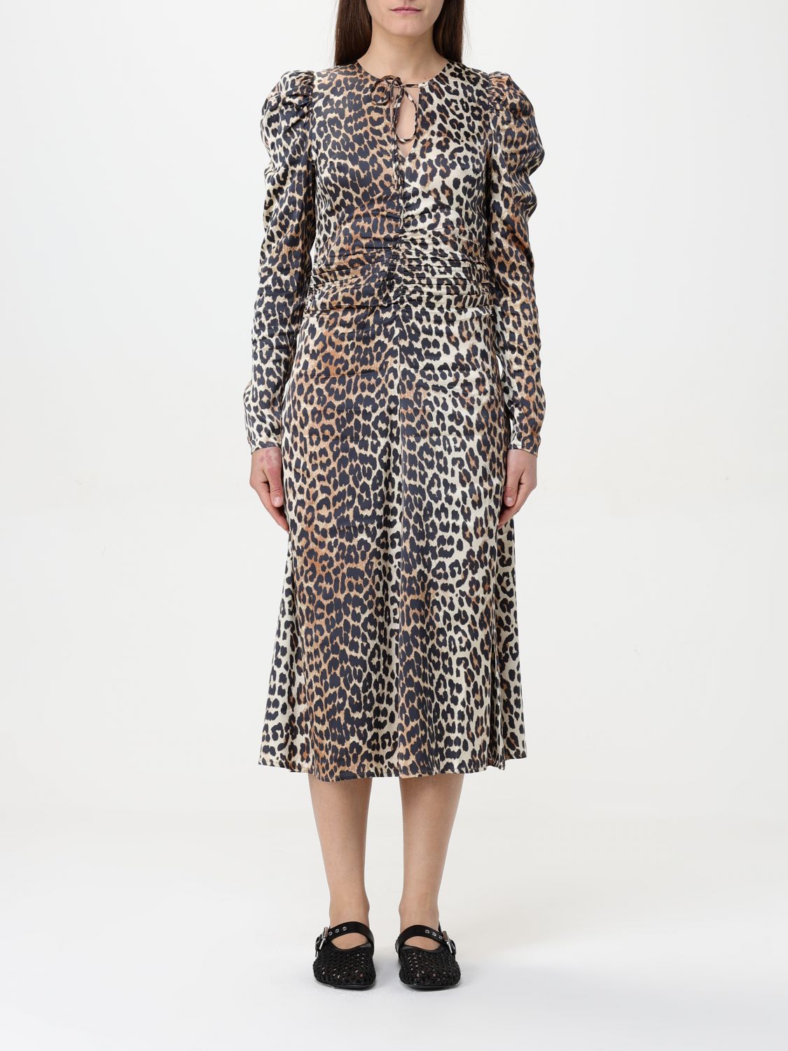 Leopard-print ruched midi dress - Brown