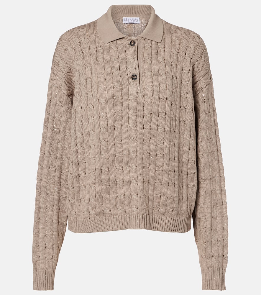Cable-knit cotton-blend polo sweater