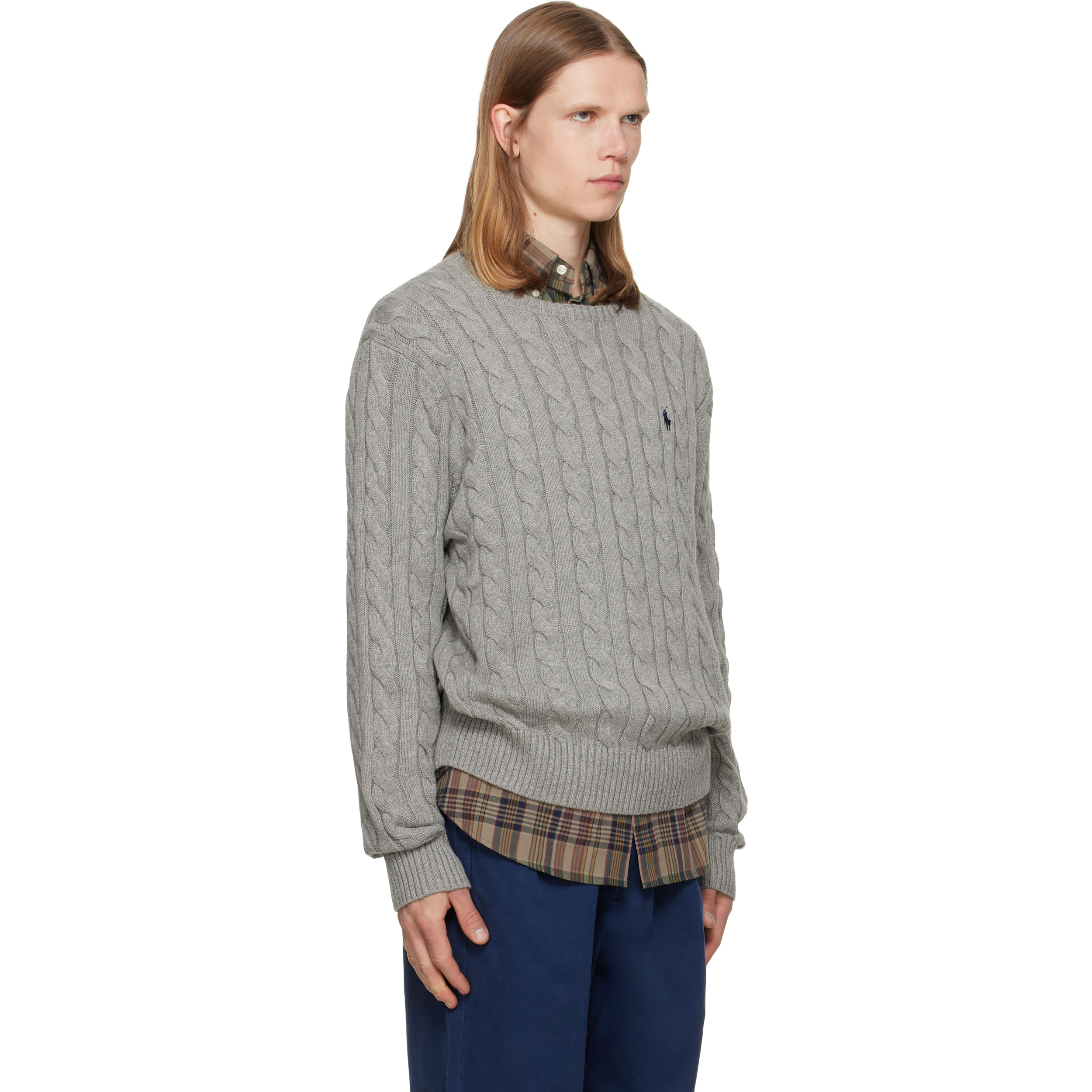 Gray Cable-Knit Cotton Sweater