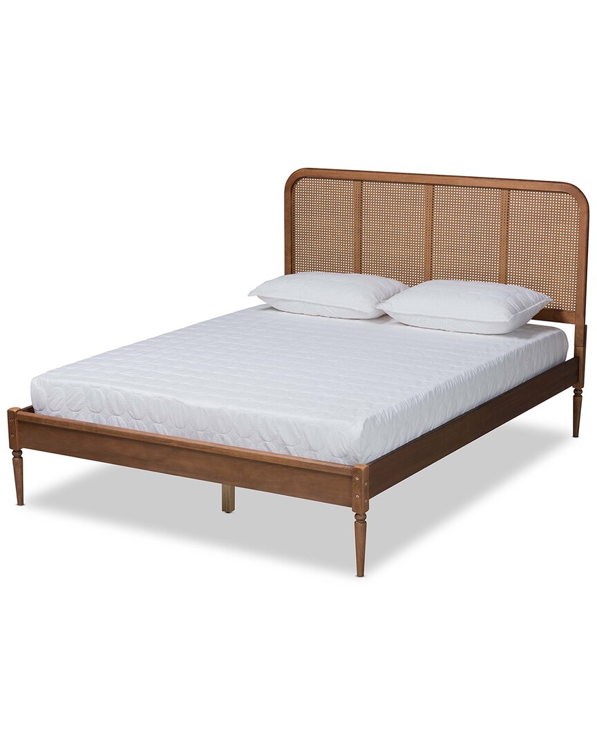 Elston Mid-Century Modern Walnut Brown Finished Wood & Synthetic Rattan King Size Platform Bed