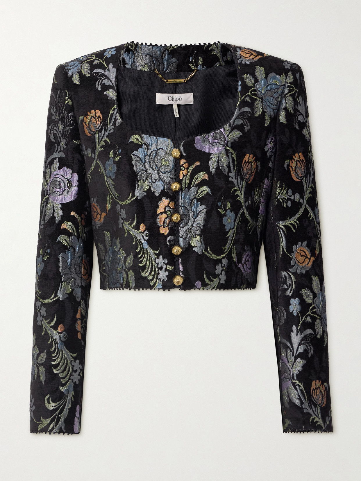 Cropped Floral-jacquard Jacket - Black