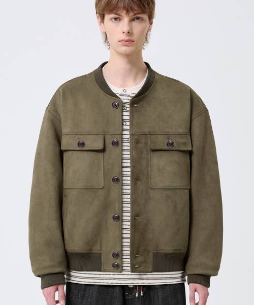 Two Pocket Button Suede Bomber Jacket_Khaki