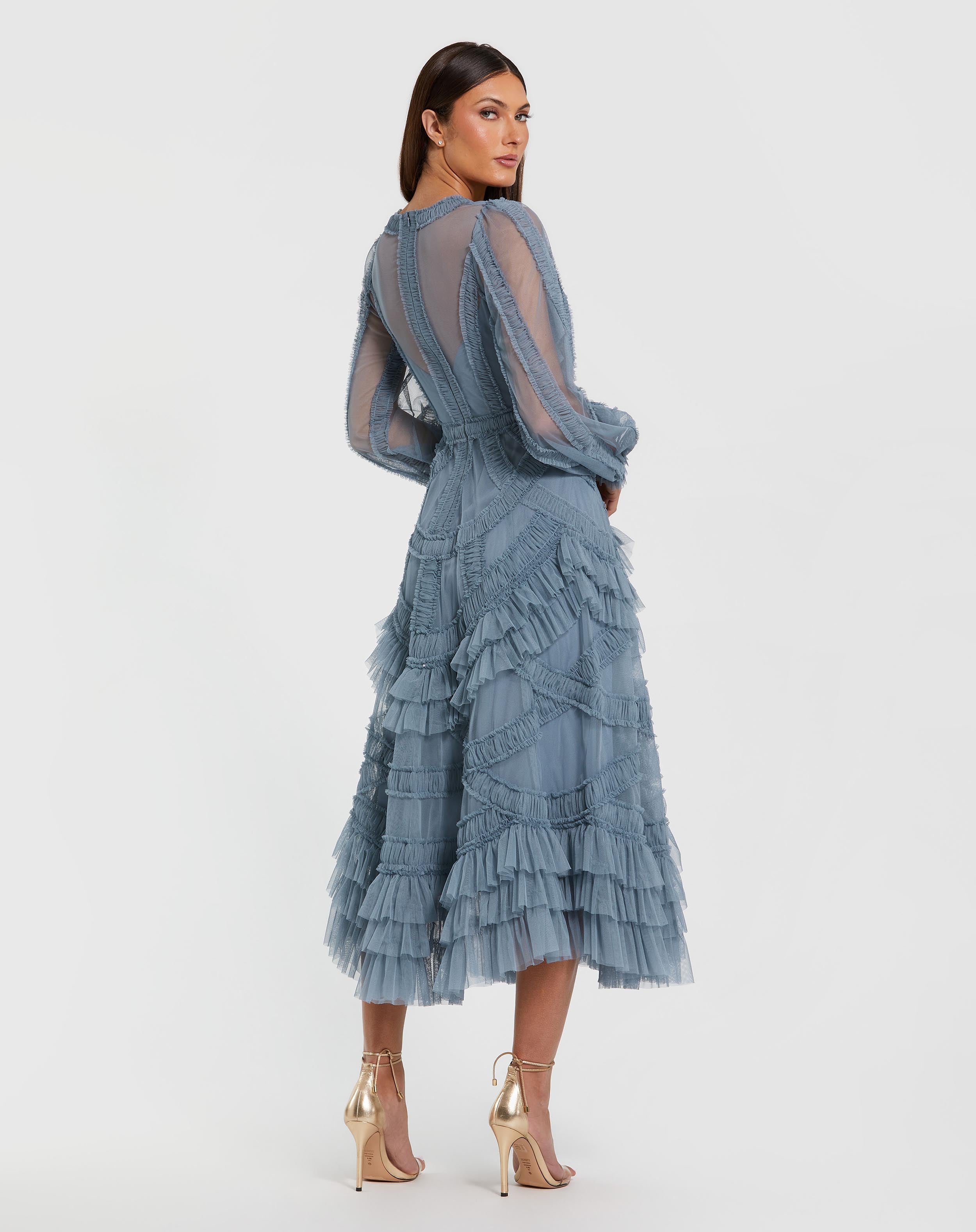 Blue Long Sleeve V-neck Micro Ruffle Wedding Guest Midi Dress In Slate Blue