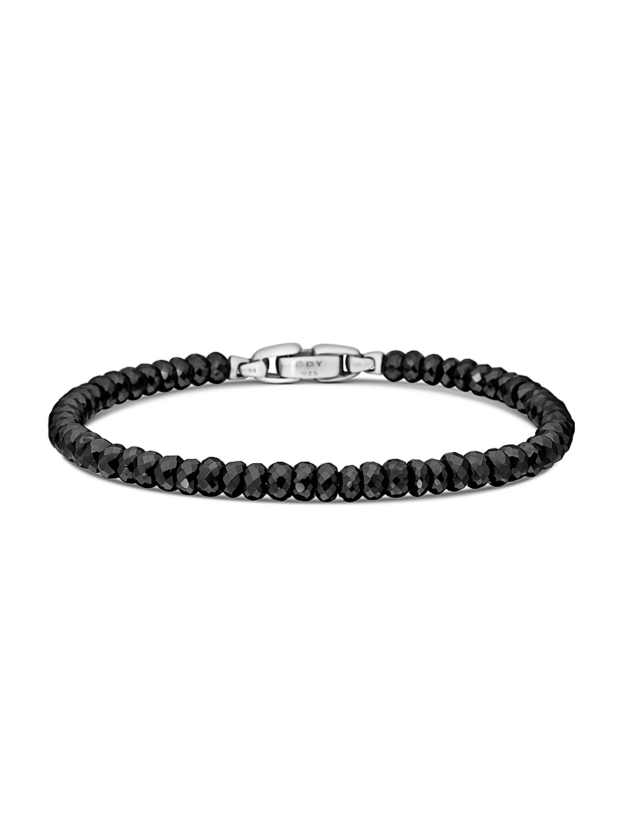 Men's Spiritual Beads Faceted Bracelet in Sterling Silver - Black Spinel