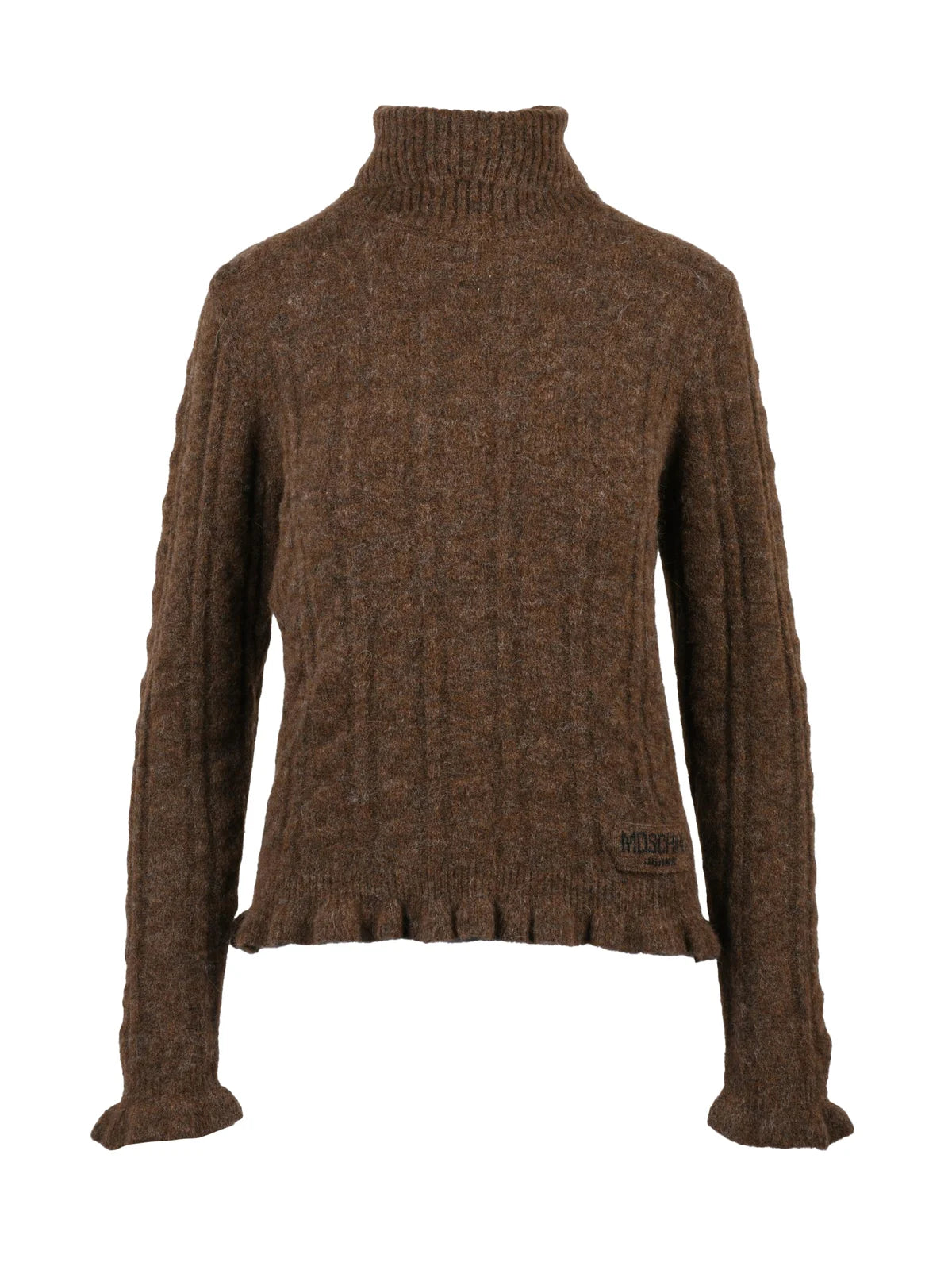 High Neck Knit Sweater with Textured Cable Knit and Ruffled Details
