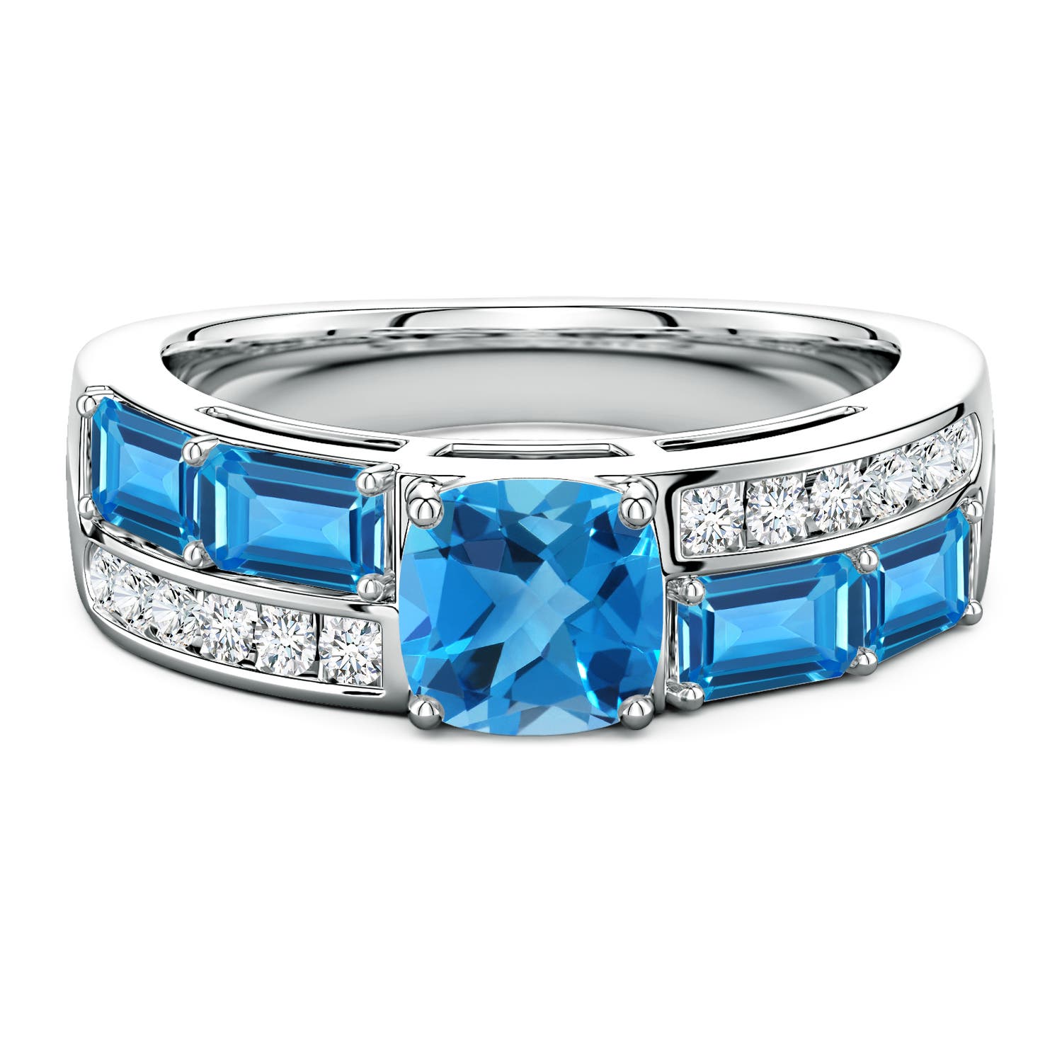 Lee Harris x Angara 2.75 CTW Cushion Swiss Blue Topaz Modern Art Deco Inspired Double Side Stone Shank Ring in Platinum