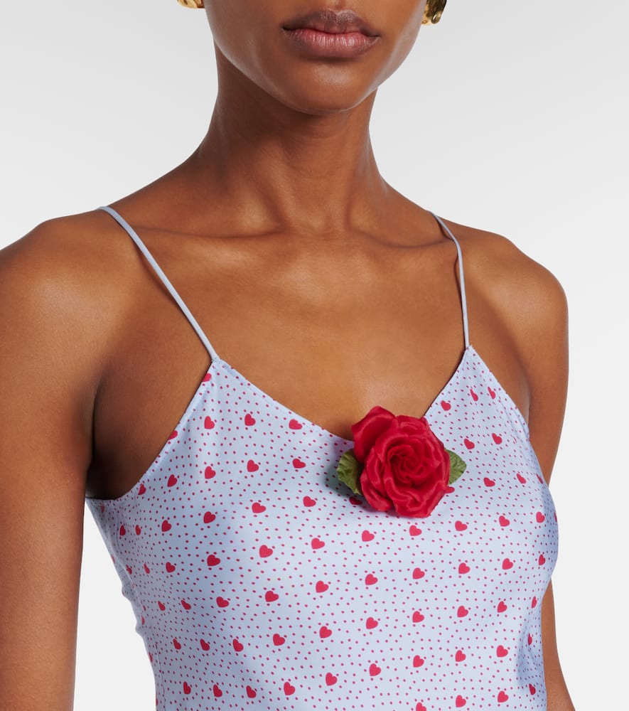Floral-appliqué printed silk slip dress