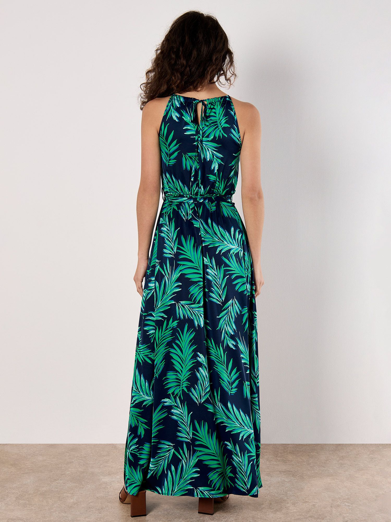 Apricot Tropical Leaf Satin Halterneck Maxi Dress In Navy