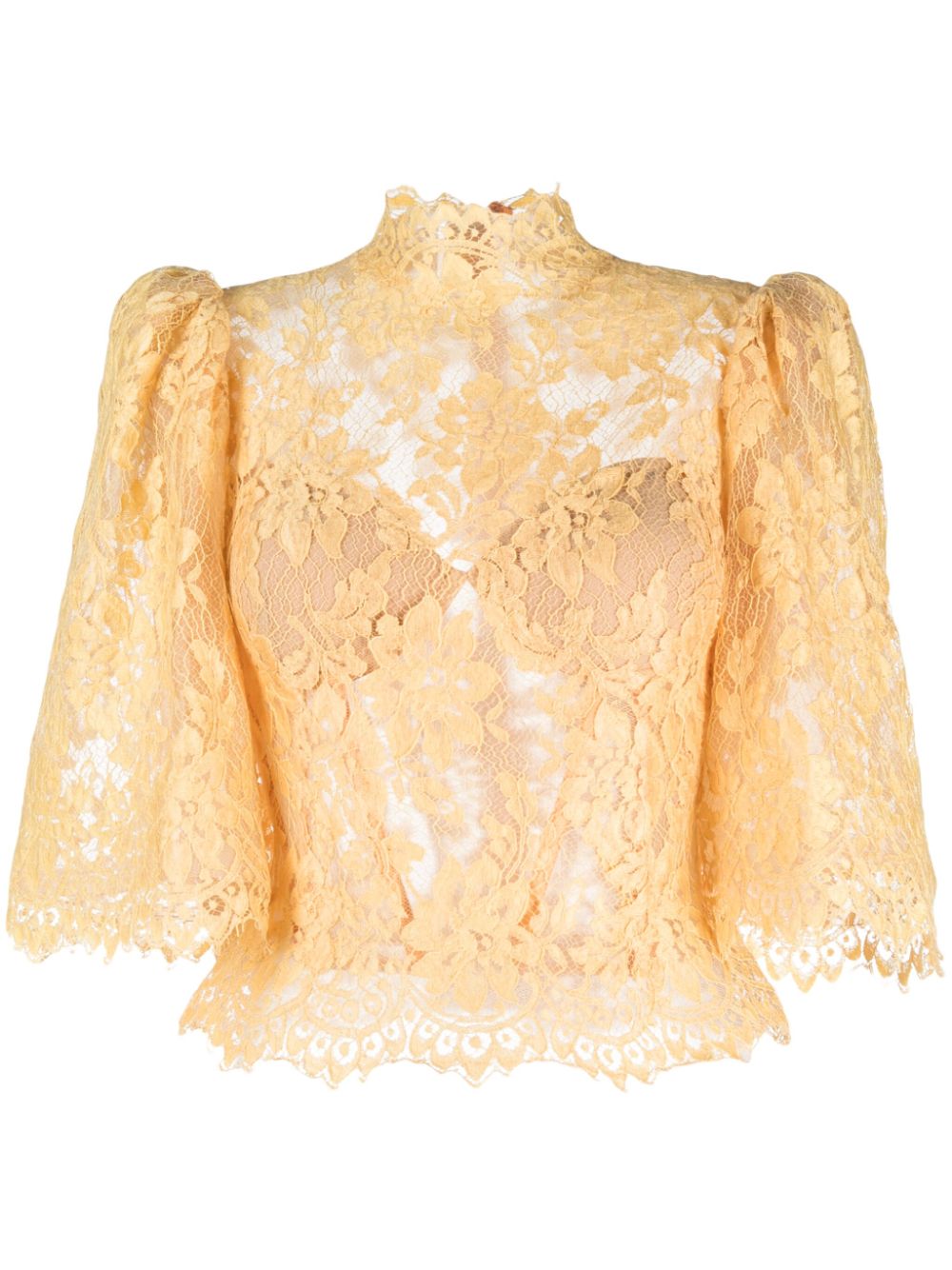 Floral-lace puff-sleeve top - Yellow