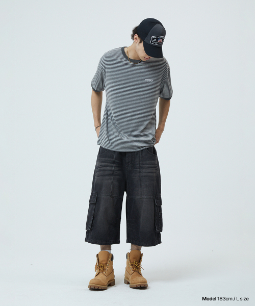 BASIC LOGO STRIPE RINGER TEE GREY