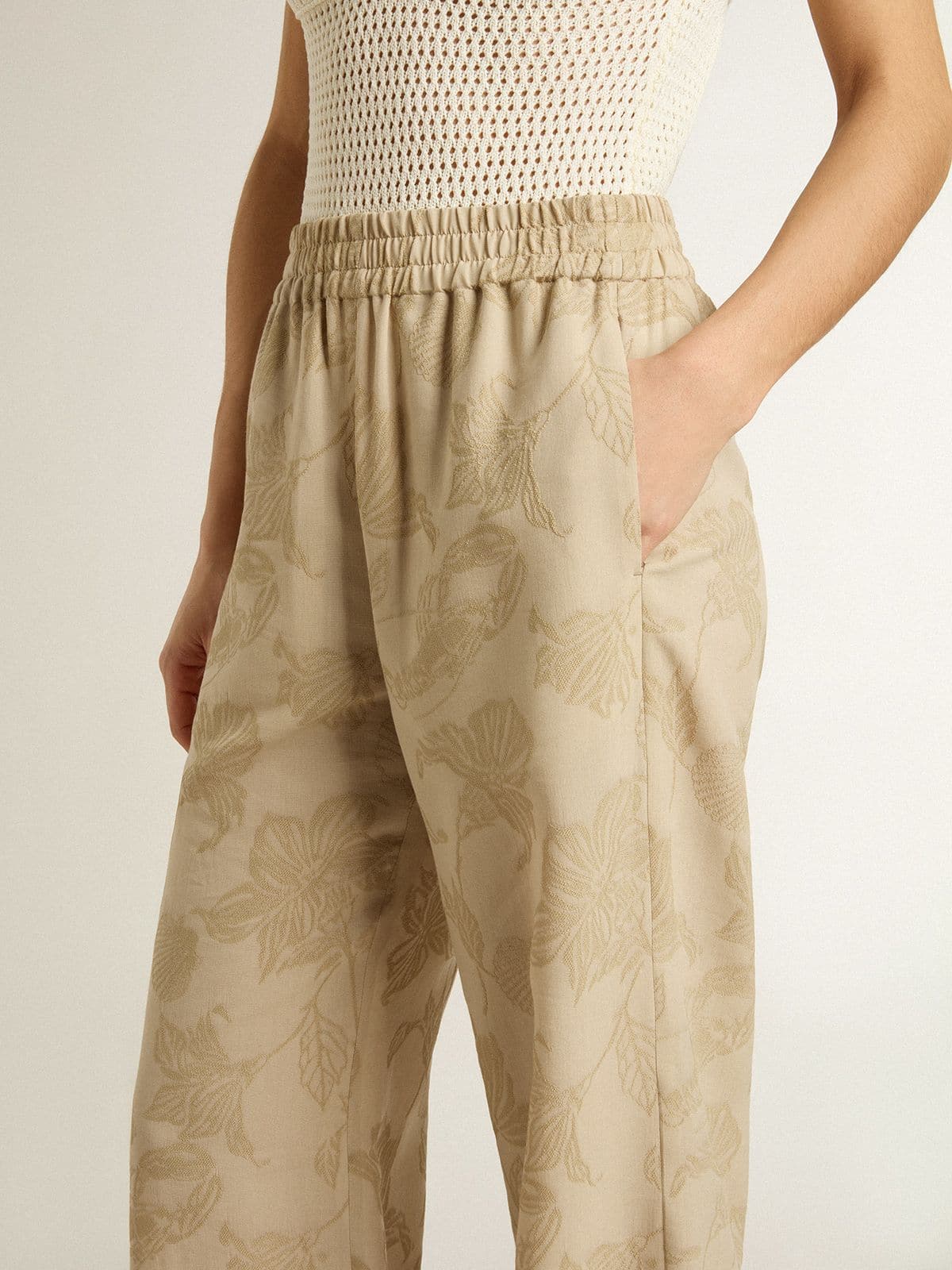 Golden Goose - Women's Pajama Pants In Beige Jacquard With Floral Pattern, Woman