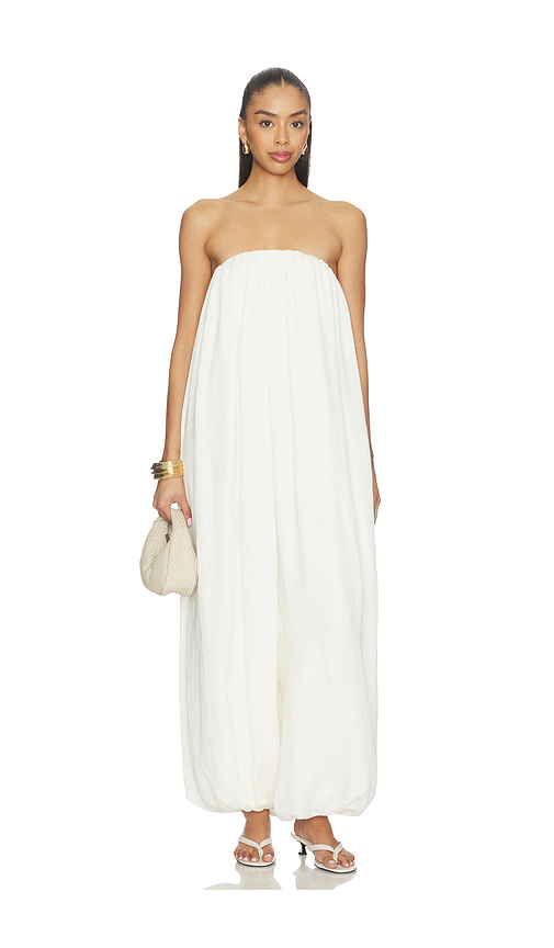 ADRIANA DEGREAS Strapless Bubble Jumpsuit in Ivory. M. Also in