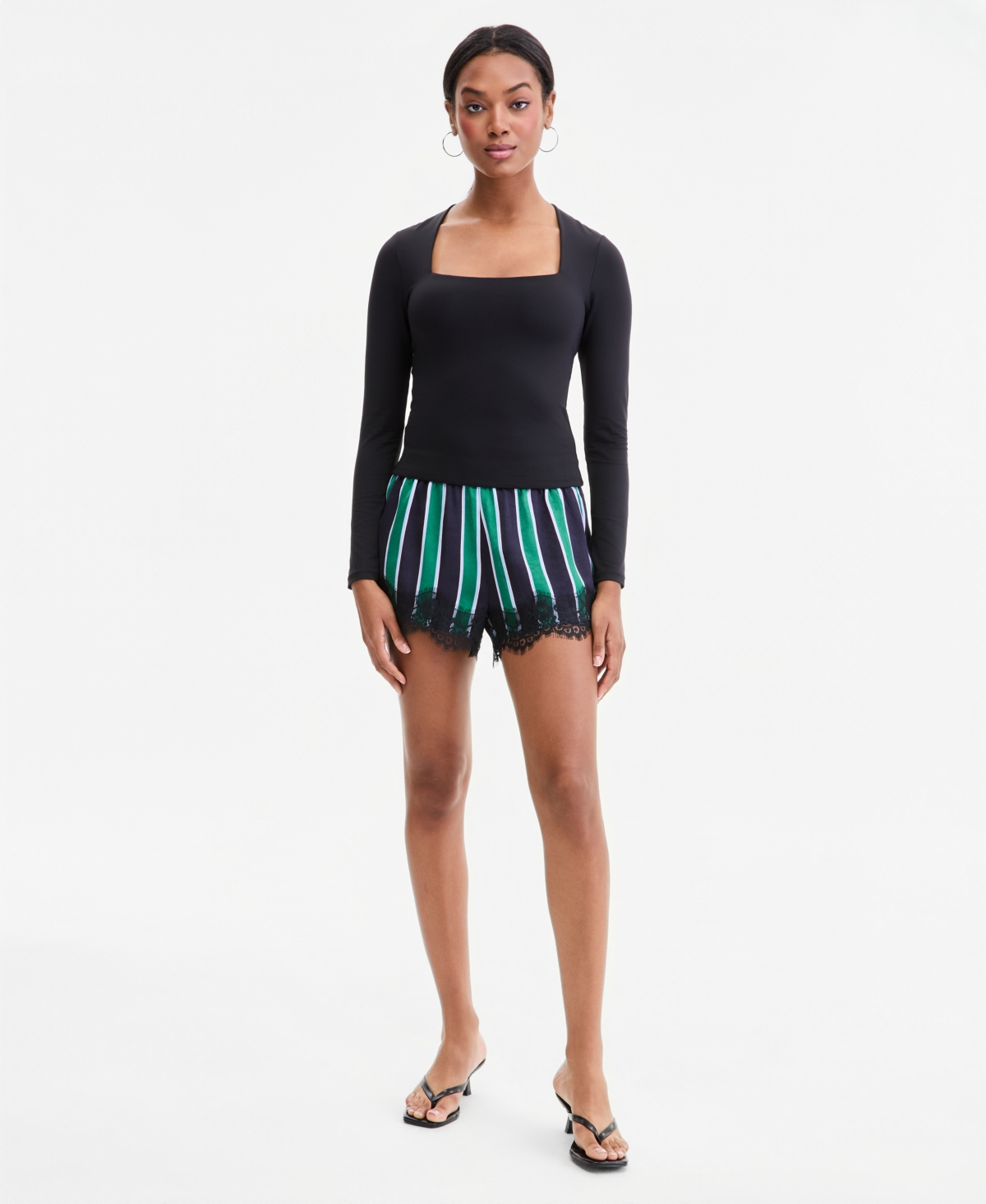 Women's Lace-Trim Satin Shorts, Macy's Exclusive - Navy Green Stripe