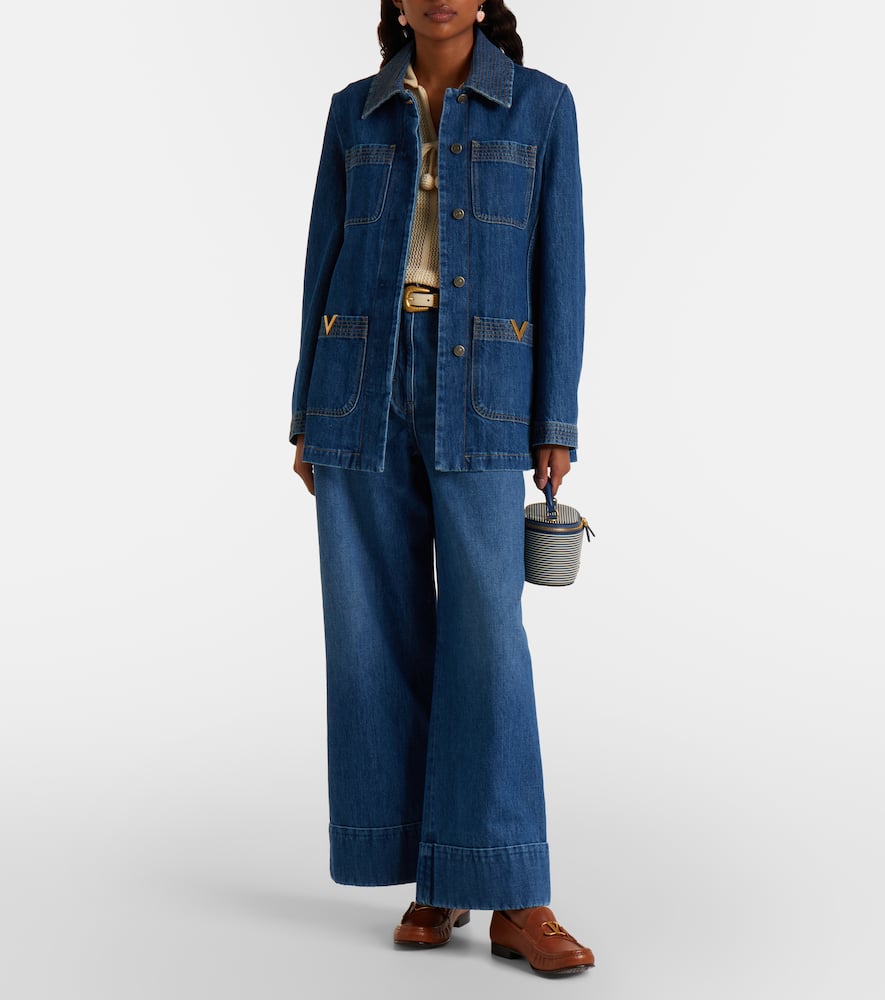 Leather-trimmed wide-leg jeans